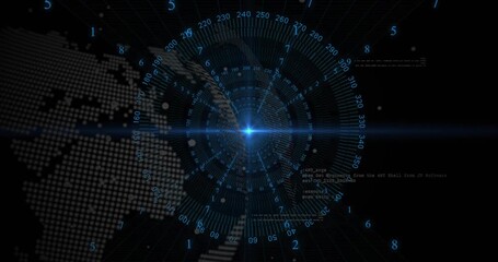 Bright flare igniting center, HUD rings rotating, globe forming, revealing data, stabilizing UI - Powered by Adobe