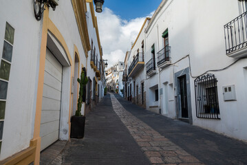 A narrow, cobblestone street in Nijar, Almeria, Spain, lined with whitewashed buildings, wooden doors, small balconies, and potted plants