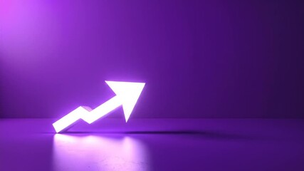 A geometric arrow made of light glows brightly, pointing upwards against a deep purple background - Powered by Adobe