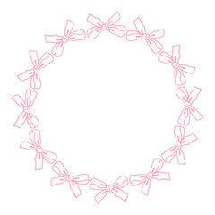 Pink bows in circle create a decorative wreath, design element for invitations, cards, and feminine projects