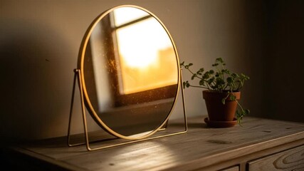 Circular mirror on wooden surface with plant and ambient lighting