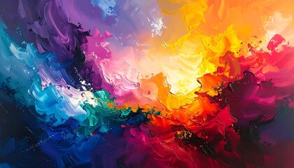 Abstract oil painting featuring vibrant swirls of cool blues and purples against warm reds, yellows, and oranges