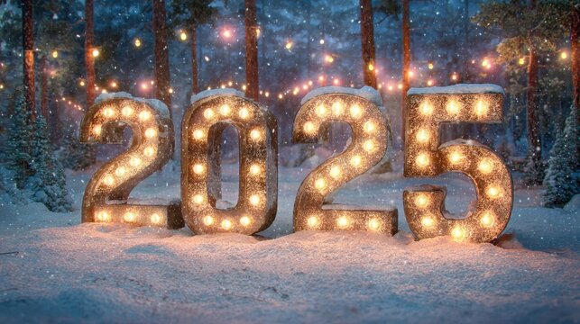 3d of illuminated 2025 marquee glowing numbers on snow winter forest snowflakes lights  christmas celebration happy new year new beginning start - Powered by Adobe