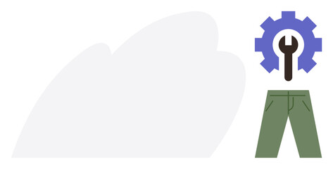 Gear with wrench above green pants symbolizing repair, maintenance, or sustainability in clothing. Ideal for fashion, repair, sustainability, DIY, eco-consciousness, manufacturing practical skills