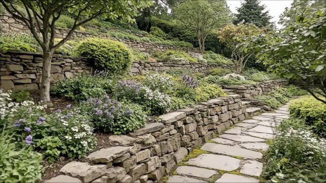 A beautifully landscaped terraced garden featuring stone retaining walls, a winding flagstone path, and a variety of lush green plants and flowering shrubs on a gentle slope.