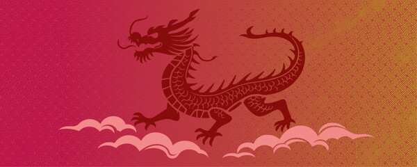 A stylized rendering of a red Chinese dragon soaring through clouds against a gradient background adorned with a repeating geometric pattern, evoking traditional Asian aesthetics.