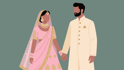 Indian Wedding Couple in Traditional Attire Holding Hands