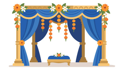 Traditional Indian Wedding Mandap with Blue Drapes and Marigold Flowers