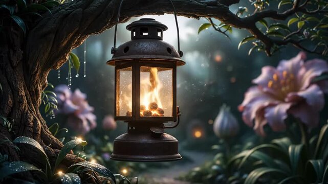 An old rustic lantern hangs from a tree branch, casting a warm glow in an enchanted forest with large fantasy flowers and glowing particles.