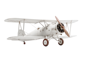 Vintage biplane aircraft front view isolated on transparent background. Vintage biplane aircraft front view detailed retro aviation propeller engine landing gear isolated on white background.