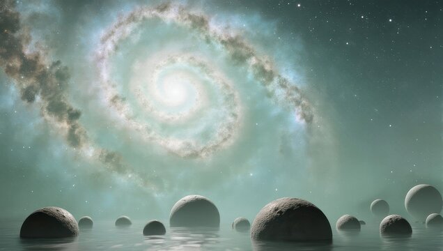 Cosmic Spiral Nebula and Alien Planet Landscape.