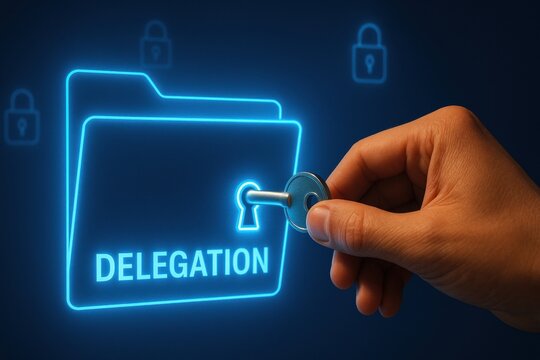 Unlocking secure folder labeled DELEGATION symbolizes access to important information. glowing blue security and confidentiality in data management