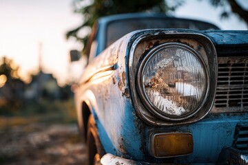 A weathered blue vintage cars front detail shows rust a round headlight and a small rectangular light set against a blurred background