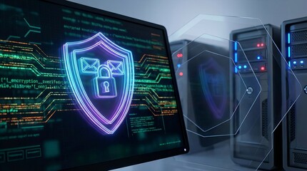 Futuristic email security concept with shields, encrypted data streams, and protected server towers, illustrating advanced cybersecurity layers
