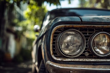 Front view of a weathered rusty classic car with dual headlights revealing its aged appearance