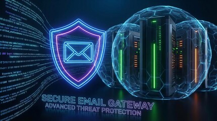 Futuristic email security concept with shields, encrypted data streams, and protected server towers, illustrating advanced cybersecurity layers