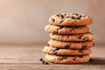 A stack of six chocolate chip cookies on a wooden surface
