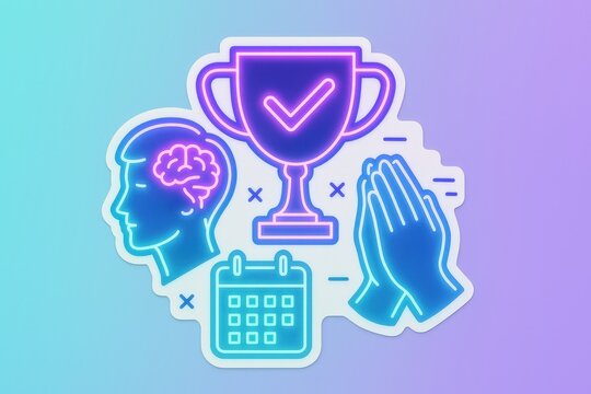 Mental clarity and peak performance symbolized through brain imagery, gratitude expression, calendar for time management and a championship trophy highlighting success mindset