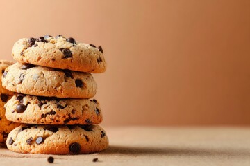 Stacked chocolate chip cookies on a brown surface