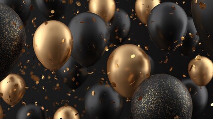 sophisticated black and gold party celebration with floating balloons and shimmering confetti creating elegant atmosphere for upscale event marketing and invitations