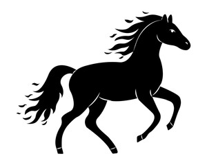 Running horse silhouette in dynamic pose with flowing mane and tail during a clear day