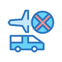 Plane van and prohibited sign icon on black background