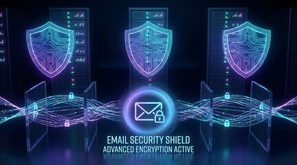 Futuristic email security concept with shields, encrypted data streams, and protected server towers, illustrating advanced cybersecurity layers