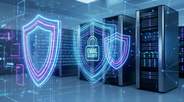 Futuristic email security concept with shields, encrypted data streams, and protected server towers, illustrating advanced cybersecurity layers