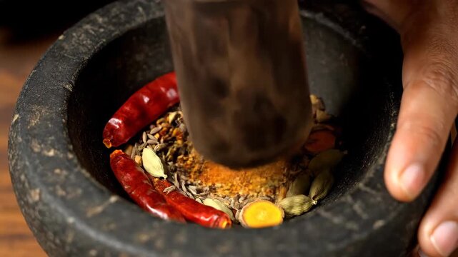 Grinding spices in a mortar with a pestle for flavor