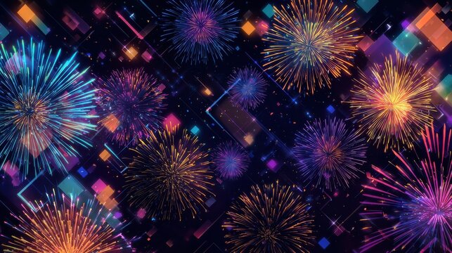 celebrate arrival of 2025 with this vibrant happy new year banner featuring colorful fireworks and dynamic geometric shapes its perfect way to express joy and excitement
