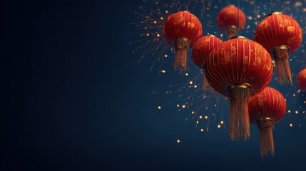 red chinese lanterns and fireworks on dark blue background traditional asian new year celebration festive oriental holiday decorations with copy space