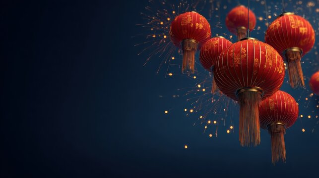red chinese lanterns and fireworks on dark blue background traditional asian new year celebration festive oriental holiday decorations with copy space