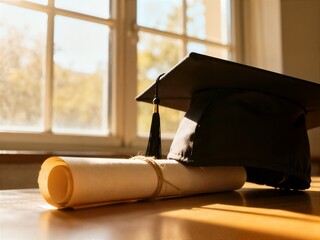 A graduation cap and rolled diploma tied with twine rest on a sunlit wooden table near a window. The image symbolizes academic achievement, success, and future prospects.
