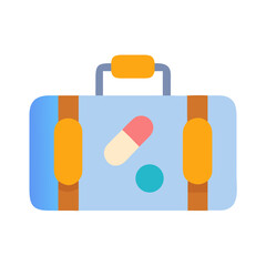 Stylized suitcase with pill and dot, travel healthcare concept