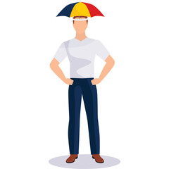 Man Standing With Open Colorful Umbrella On Head White T Shirt Dark Blue Pants Full Body Studio Shot Isolated On White Background