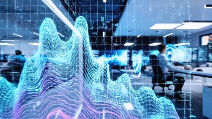 Futuristic office with glowing 3D graph overlaid, people working, screens. Blue and purple - Powered by Adobe
