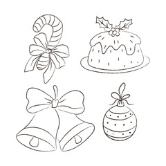 Collection of festive holiday decorations including candy cane, pudding, bells, and ornament