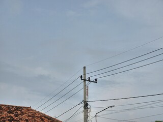 Electric power lines and utility pole against a soft cloudy sky above rooftops in a suburban area