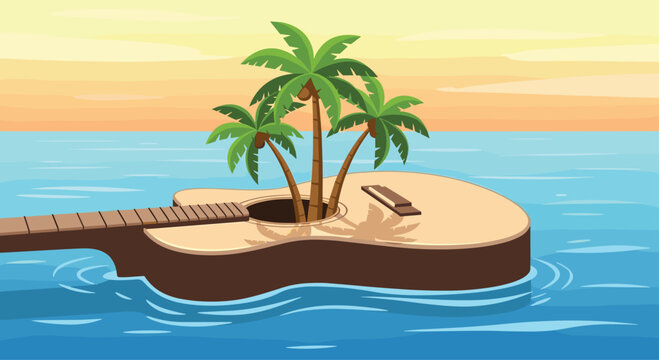 Dreamy getaway on a guitar island with swaying palm trees under a sunset sky, perfect for music lovers seeking tropical inspiration and relaxation