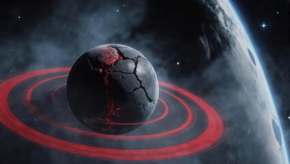 Damaged Dyson Sphere in Space with Planet Background.