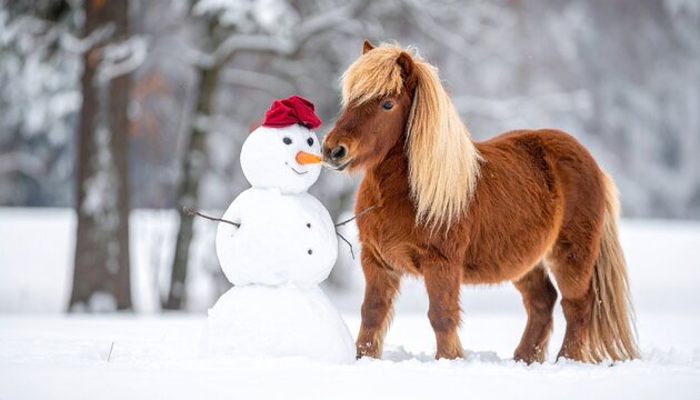 Brown pony beside smiling snowman in snowy forest with red hat and carrot nose