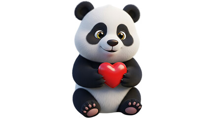 Cute 3d rendering of a baby panda bear holding a red heart isolated on transparent background