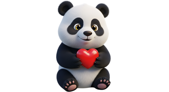 Cute 3d rendering of a baby panda bear holding a red heart isolated on transparent background