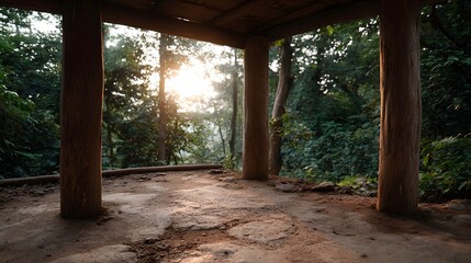 A rustic wooden shelter with mud floor stands amidst a serene forest during golden hour sunlight