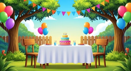 Backyard birthday party with cake balloons and festive decorations celebration