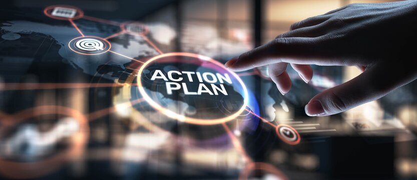 Action Plan Strategic Planning and Goal Setting, projection on a virtual screen, Business and Technology Concept.