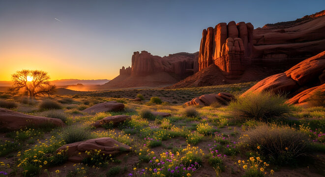 Desert Blooms at Sunrise in Red Rock Landscape with Solitary Tree