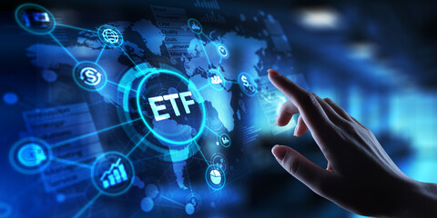 ETF Exchange-Traded Fund Investment Strategy, projection on a virtual screen, Business and Technology Concept.