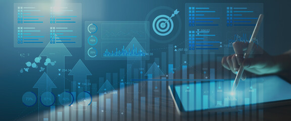 Business Data Analytics and KPI Performance Tracking Dashboard on Digital Tablet Interface.