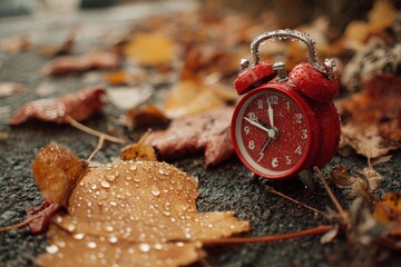 Red alarm clock sits among wet fallen leaves on pavement with water droplets clinging to its surface